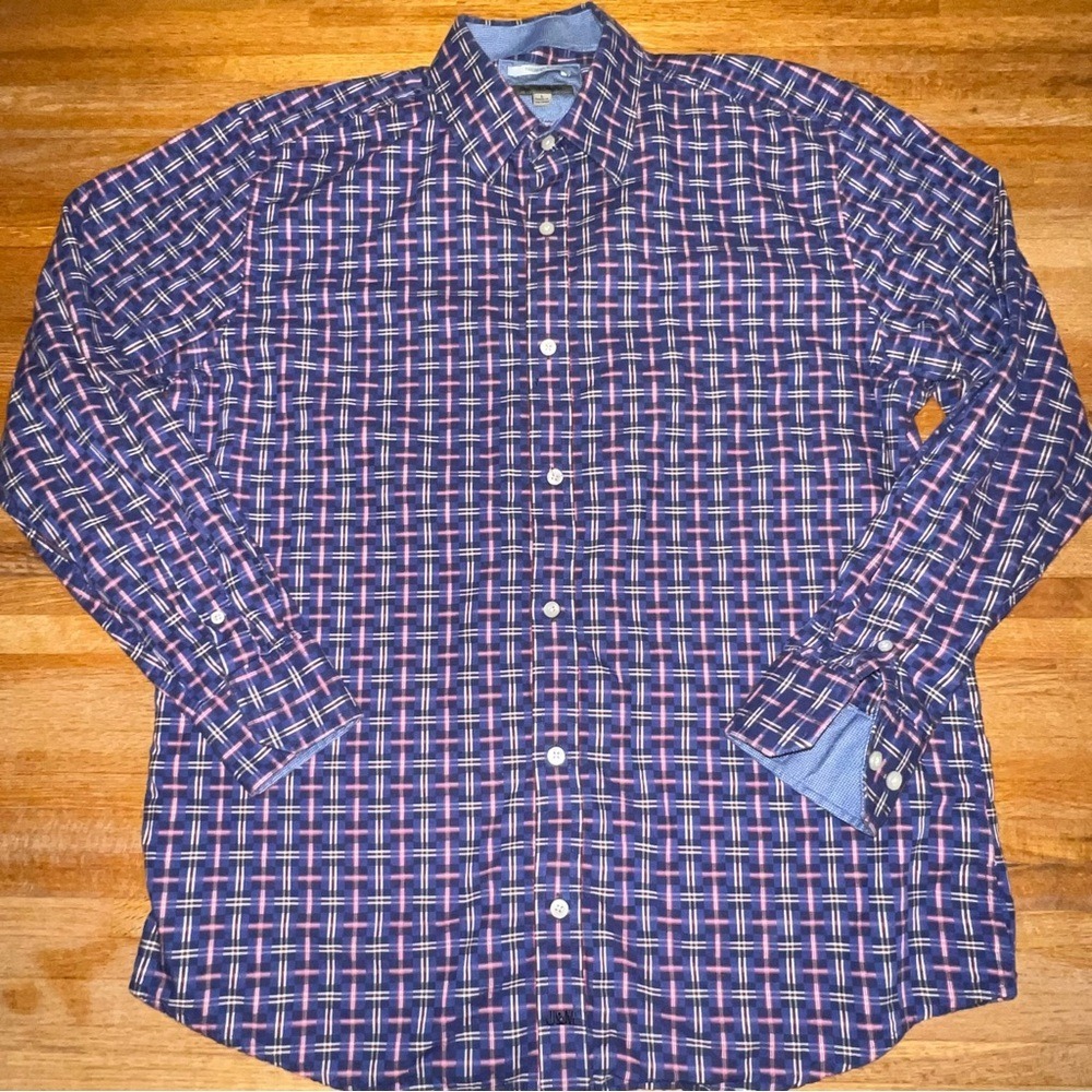 Johnston‎ & Murphy Blue Pink Plaid Casual Button Down Shirt